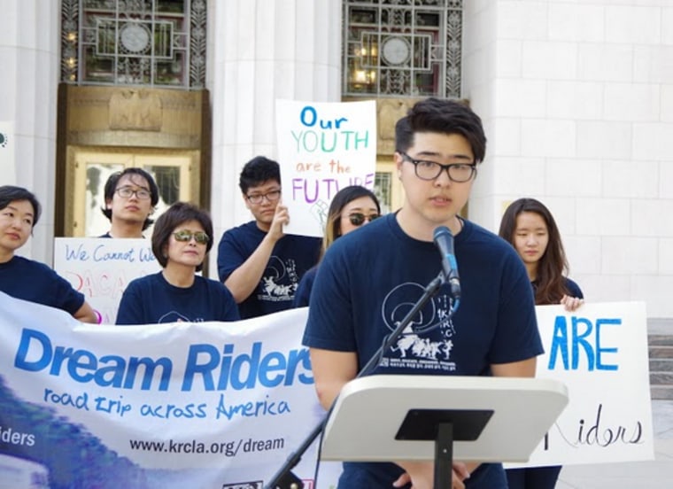 Image: David Han, 20, a DACA recipient, speaks at a rally this year announcing the 2nd Dream Riders Across America bus tour.