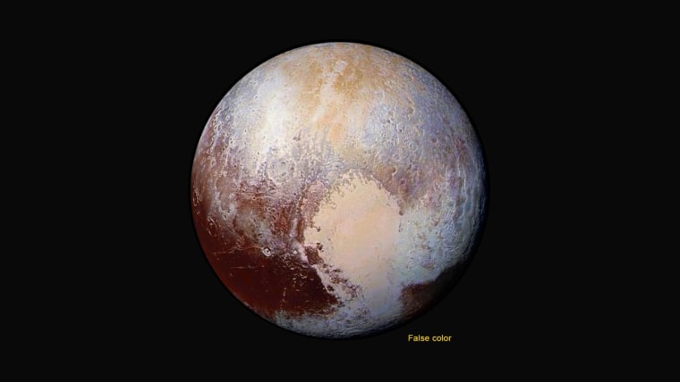 Colors in this image of Pluto have been enhanced to better show features and patterns on the surface.