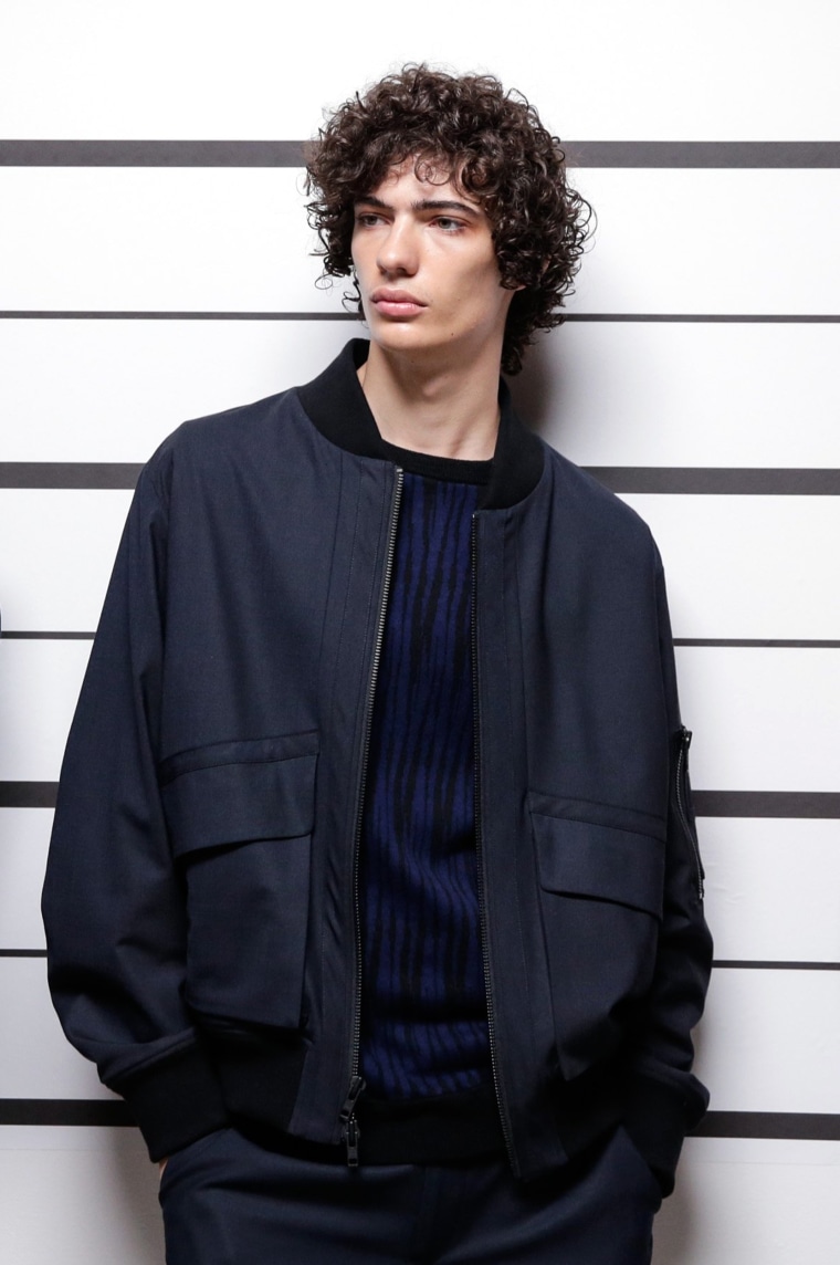 Blue bomber jacket - navy men's fashion - Models pose at the Public School Presentation during New York Fashion Week Men's S/S