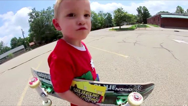 Watch skateboarder's son nail his first trick – at age 3!