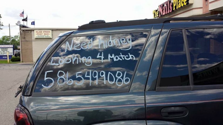 Writing on Roger Sturgill's car advertises his need for a kidney transplant