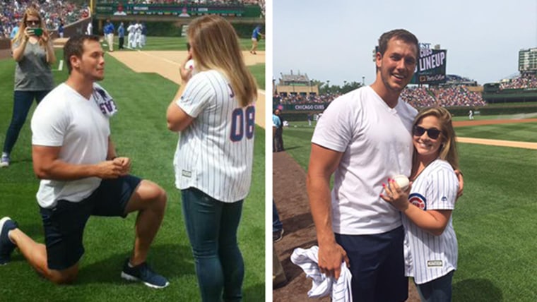 Shawn Johnson engaged to Andrew East after throwing first pitch.