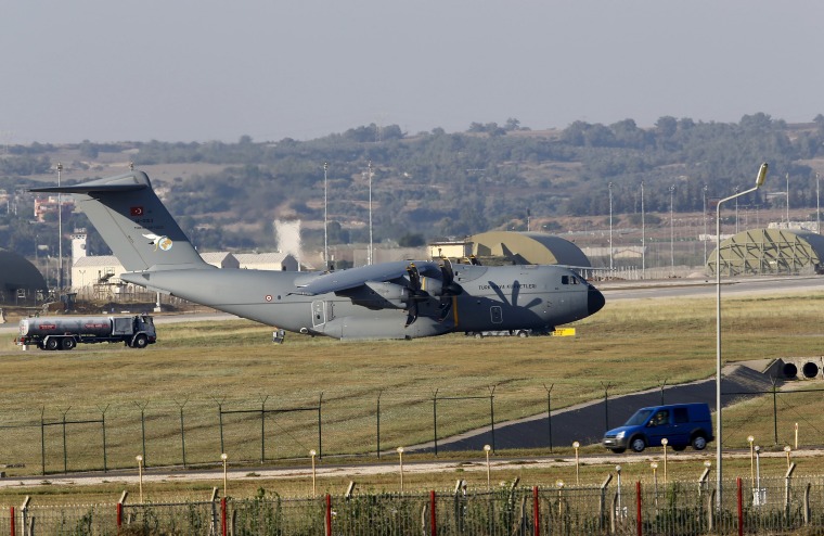 Image: A Turkish Air Force A400M tactical transport aircraft is parked at Incirlik airbase in the southern city of Adana, Turkey