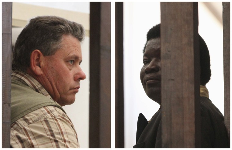 Image: A combination photo shows Zimbabwean safari operator Ndlovu and fellow countryman and hunter Bronkhorst waiting to appear in Hwange magistrates court