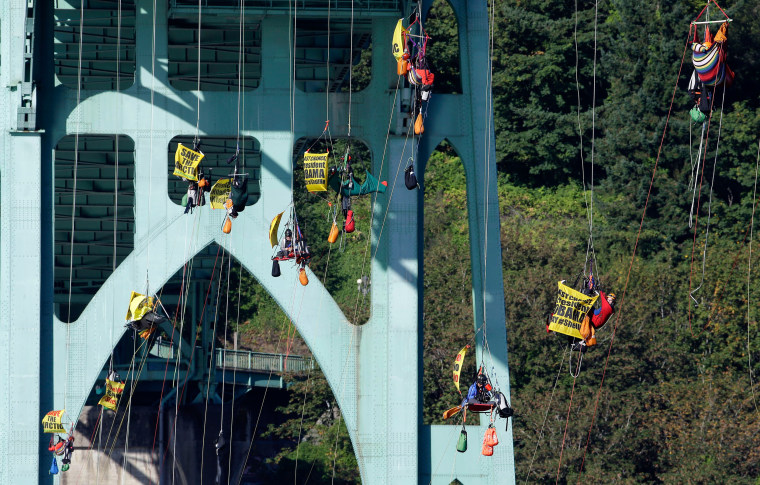 Image: Activists hang from the St. Johns Bridge