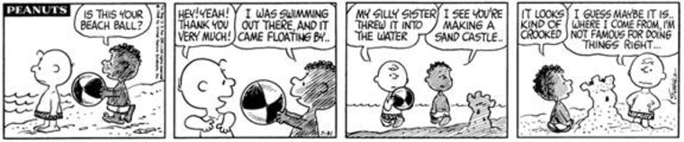 “Franklin” meets Charlie Brown on the beach in his first appearance.