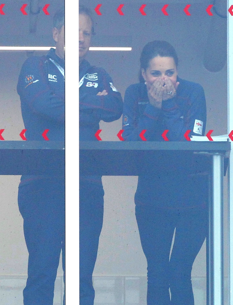 Kate, Duchess of Cambridge, reacts at the America's Cup World Series
