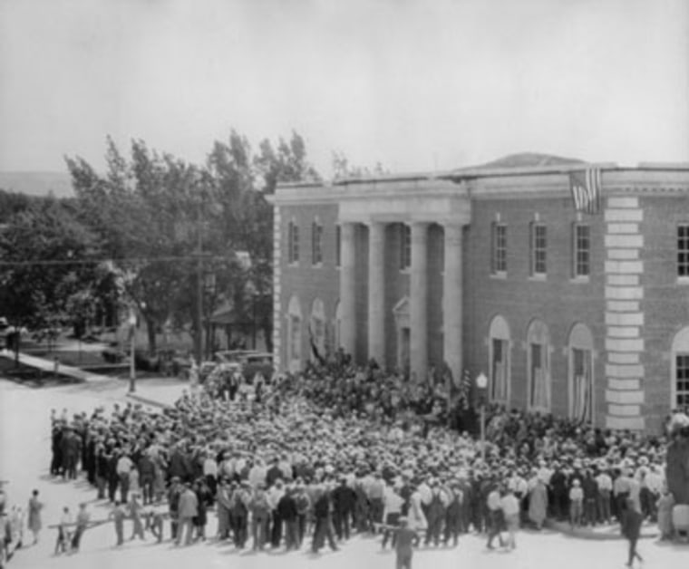 The cornerstone for the historic post office in Havre, Montana is laid on June 12, 1931.