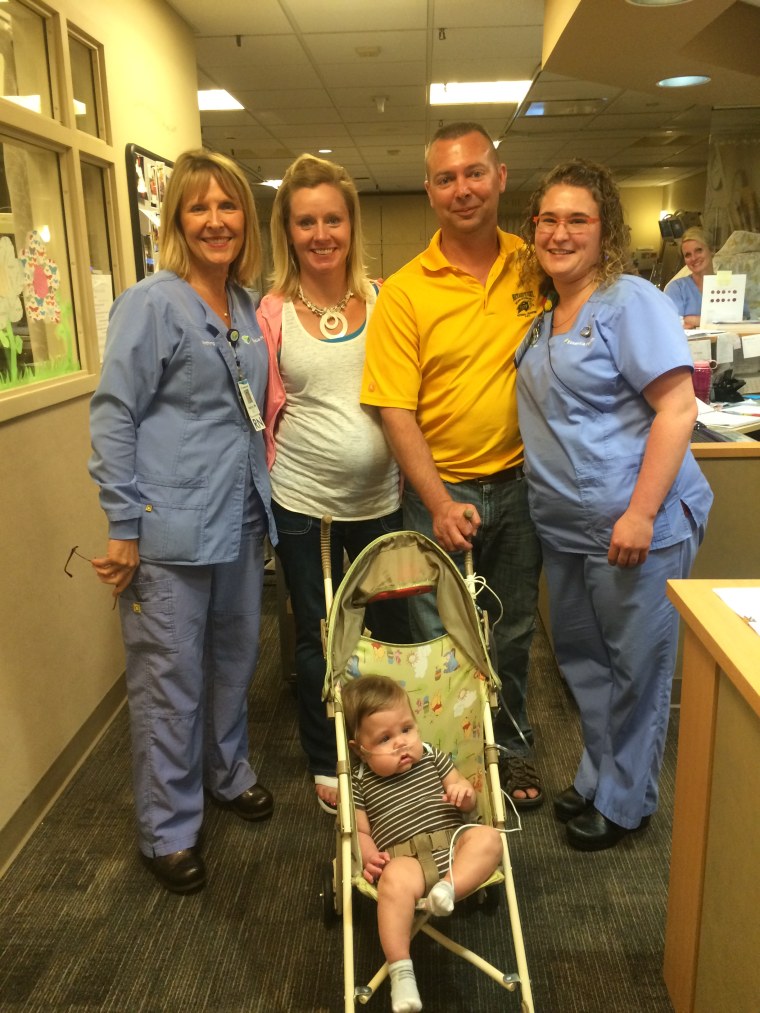 There was a party at the hospital on July 24, the day Trevor went home. From left to right, Essentia Health NICU Clinical Supervisor Vicki Holtan, Becky Frolek, Bo Frolek, Essentia Health NICU Lead RN Erin Kuehl and Trevor.