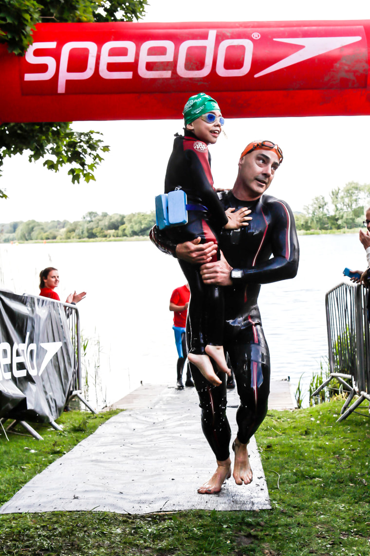 Bailey Matthews, 8-year-old with cerebral palsy who finished a triathalon, after the swimming portion of the race