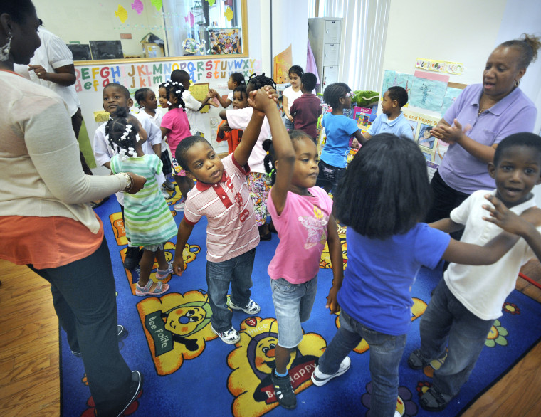Students dance to La Bamba in a Harlem Gems preschool class, part of the Harlem Childrens Zone program