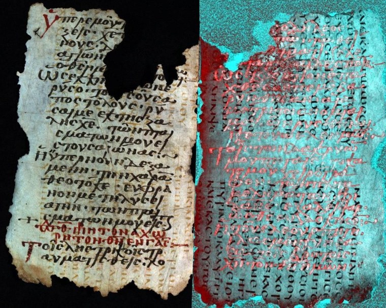 A page from a Greek manuscript (visible light on left, processed multispectral image on right), on which can be seen letters written left to right and a separate set, partly erased, going up and down.