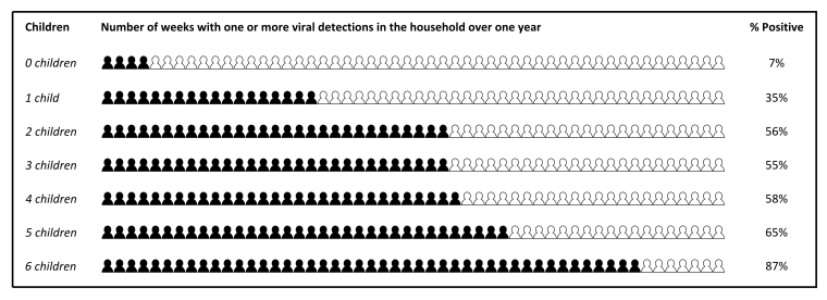 The BIG-LoVE (Utah Better Identification of Germs-Longitudinal Viral Epidemiology) study shows that every child increases the risk that a household will be infected with respiratory virus. At one extreme, childless households are only sick for 7 percent of the year (3-4 weeks). By contrast, families with 6 children are sick for 87 percent of the year (45 weeks).