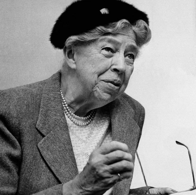 Mrs. Eleanor Roosevelt, widow of President Franklin D. Roosevelt, raises her hand to emphasize a point during interview on Oct. 16, 1957, St. Louis, Mo.