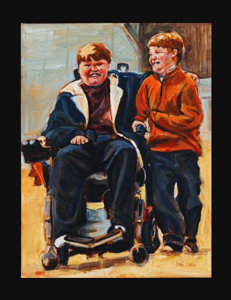 Austin and Max McNary of Pembroke, Massachusetts, have Duchenne muscular dystrophy. By artist Dan Lake.