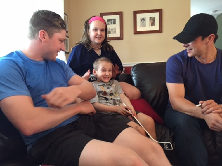 During the backyard makeover reveal, Bryan, 7, and his sister Abbey, 10, got a surprise visit from NHL Hockey stars Sydney Crosby and Nathan MacKinnon.