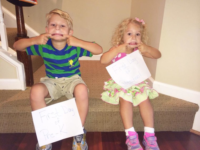 Kids making funny faces on first day of school.