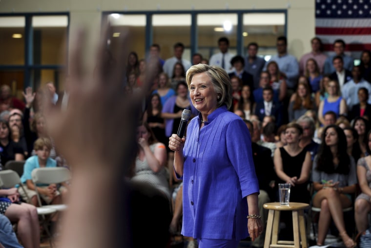 Image: U.S. Democratic presidential candidate Hillary Clinton takes a question from the audience during a campaign town hall meeting in Exeter