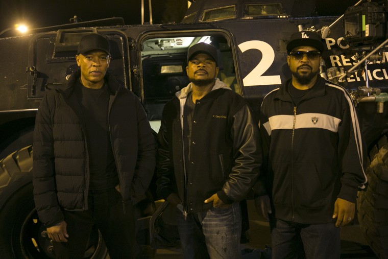 'Straight Outta Compton' executive producers Dr. Dre and Ice Cube with director F. Gary Gray.