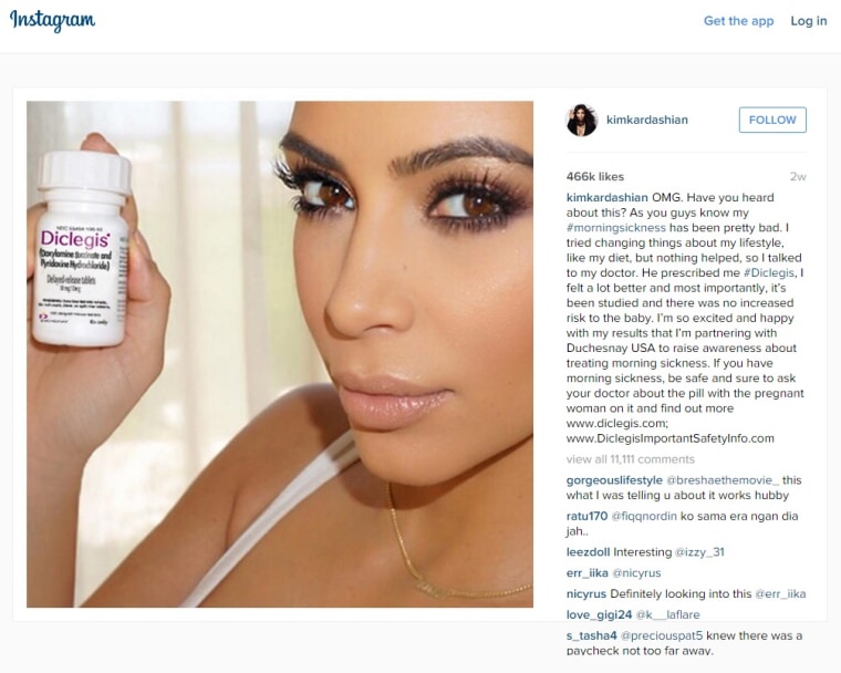 Kim Kardashian's recalled Instagram post advertising morning sickness drug Diclegis.