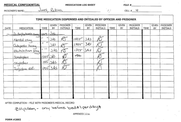 The prisoner medication log for Ralkina Jones.
