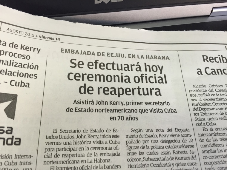 A headline in Granma heralds the re-opening of the U.S. Embassy in Havana on the morning of Aug. 14, 2015,