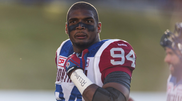 Montreal Alouettes player Michael Sam prepares for his first professional football game in the Canadian Football League against the Ottawa RedBlacks at TD Place in Ottawa, Ontario, on Aug. 7. 