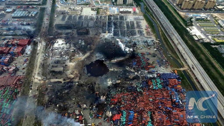 Image: A huge hole is seen at the core area of Tianjin blasts in this aerial photo.