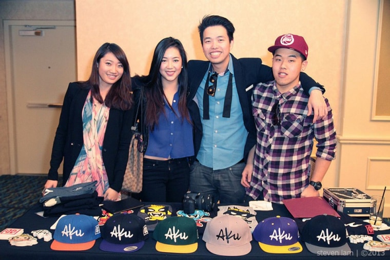 Akufuncture supporting Miss Chinatown at their 2013 fashion show 
(L-R) Cecilia Zo, fiancé; Jessica Lee, marketing manager; Samuel Wang, founder; Alan Huang, creative director.