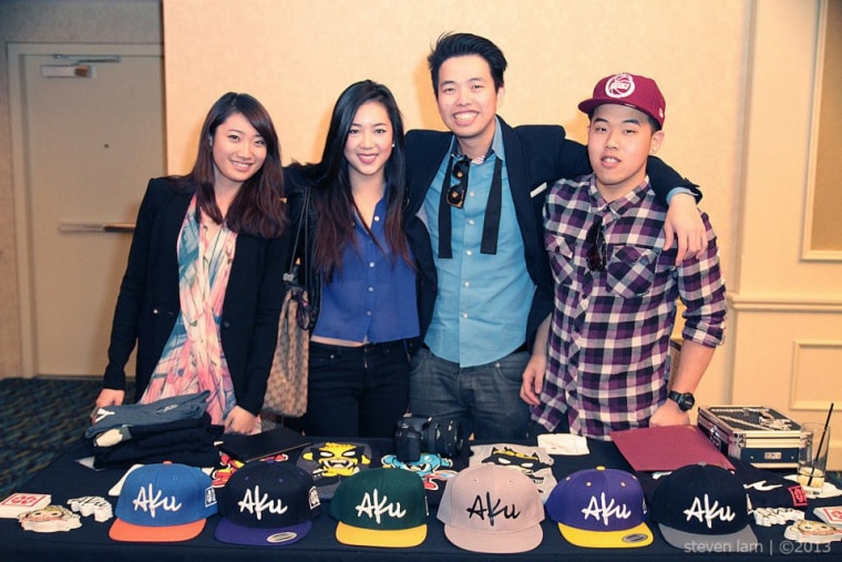 Akufuncture supporting Miss Chinatown at their 2013 fashion show 
(L-R) Cecilia Zo, fiancé; Jessica Lee, marketing manager; Samuel Wang, founder; Alan Huang, creative director.