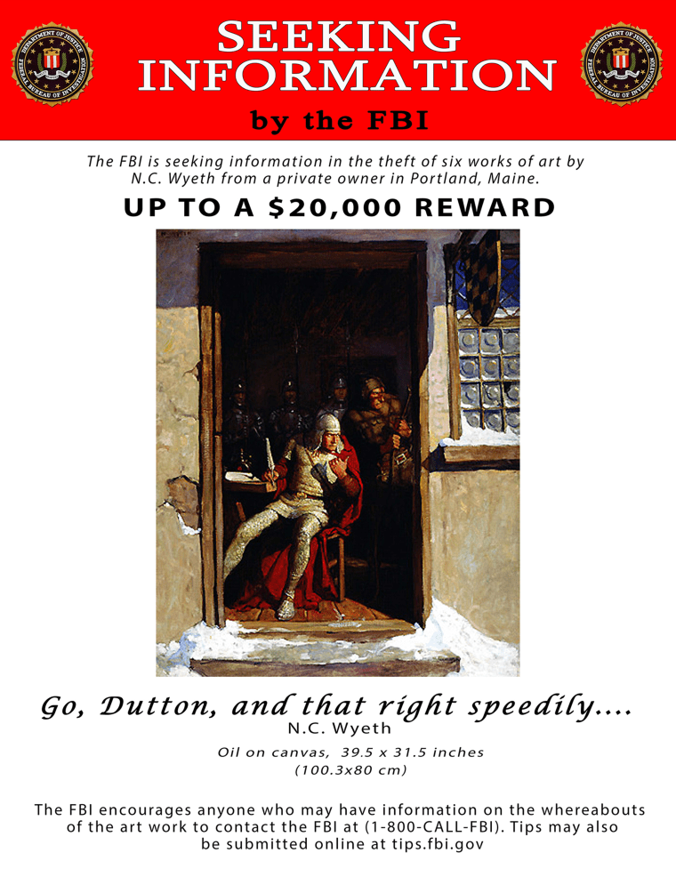 FBI reward poster for stolen N.C. Wyeth painting