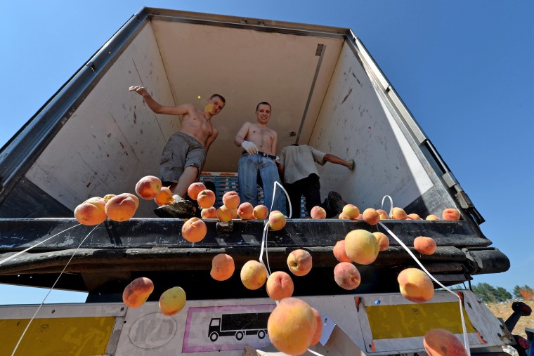 Image: Russian workers throw peaches off a truck