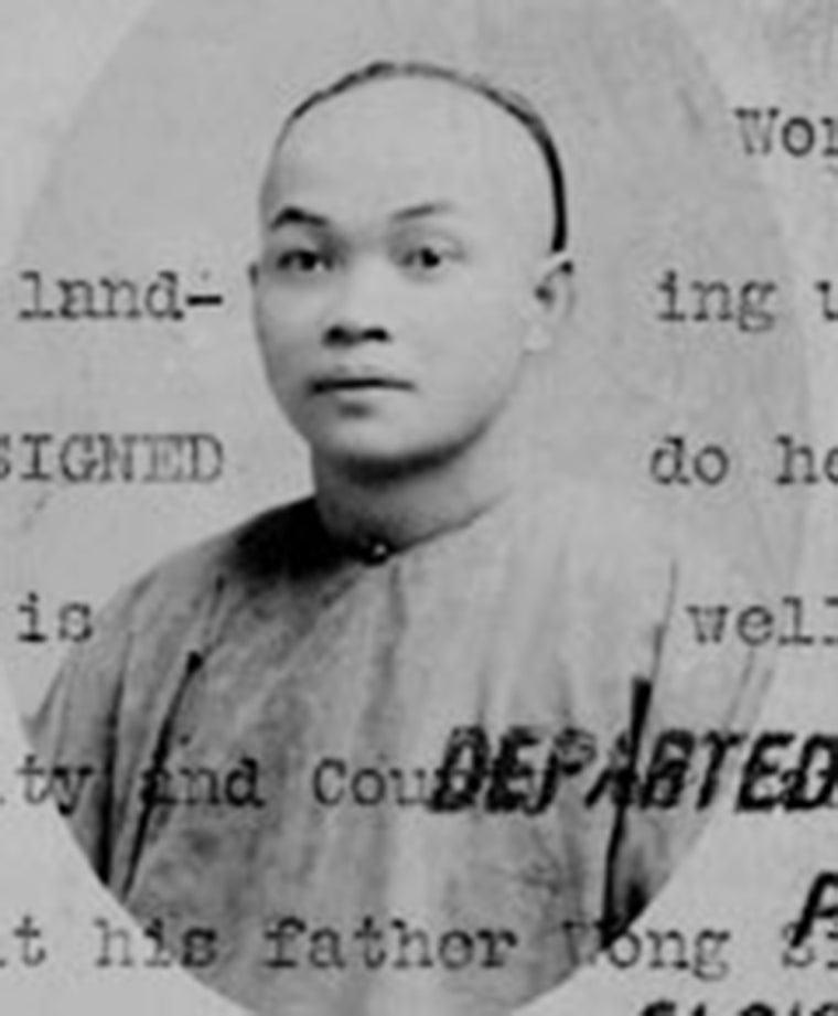 Wong Kim Ark appears in an image attached to his 1894 departure statement fom San Francisco, an Immigration and Naturalization Service record that allows him to return to the United States.