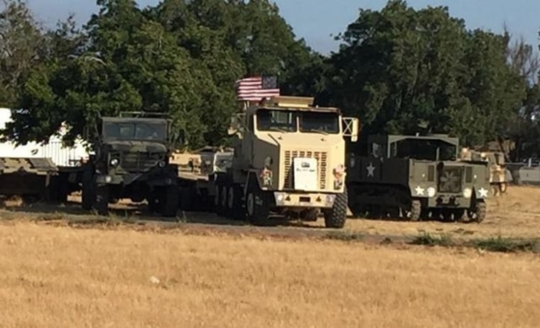 Vehicles are seen at the property where the fatal accident involving a tank occurred west of Fairfield, California.