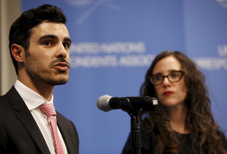 Image: Gay Syrian refugee Nahas speaks as Stern, Executive Director of the International Gay &amp; Lesbian Human Rights Commission looks on, at a news conference at the UN headquarters in New York