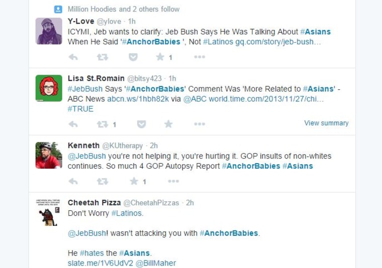 Asian Americans took to Twitter to express outrage over Jeb Bush's comments about Asian "anchor babies."
