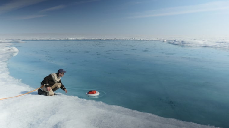 Image: Autonomous drifter deployed in a meltwater river on surface of Greenland ice sheet