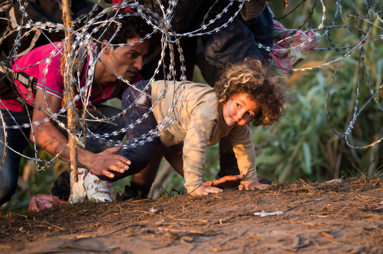 Refugees clamber through barbed wire as they cross from Serbia to Hungary, in Roszke, Thursday, Aug. 27, 2015. Over 10,000 migrants, including many women with babies and small children, have crossed into Serbia over the past few days and headed toward Hungary. (AP Photo/Darko Bandic)