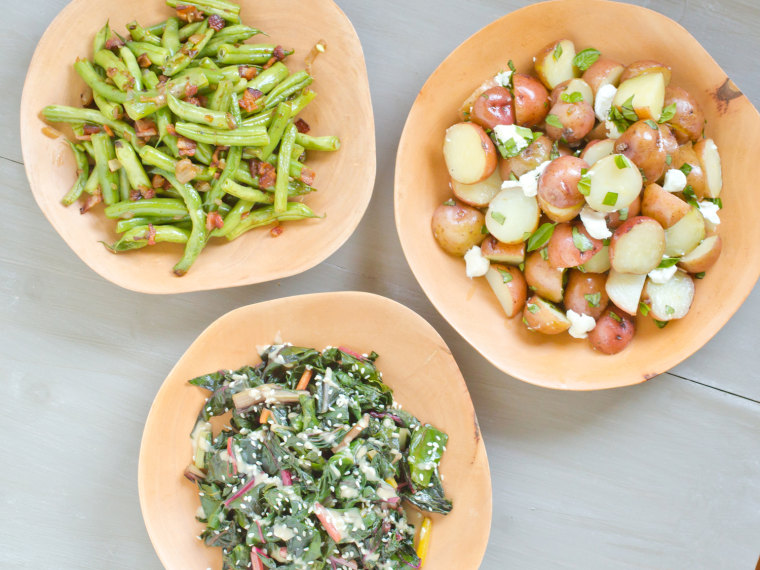 3-ingredient summer side recipes: Green Beans with Shallots and Bacon; Double Sesame Greens; and Baby Potatoes with Basil and Goat Cheese