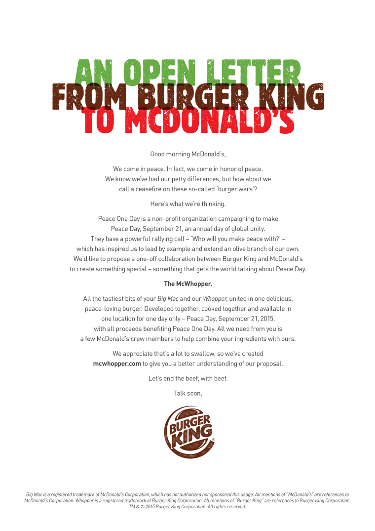 Burger King open letter to McDOnald's