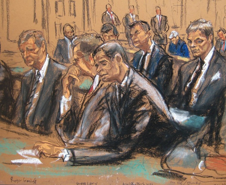 Image: NFL Commissioner Goodell sits with lawyers as New England Patriots quarterback Brady listens to proceedings in Manhattan Federal Courthouse in New York