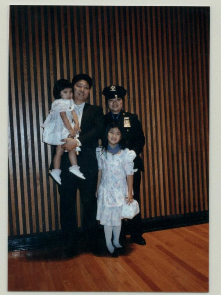 Chan, with husband Wilson and daughters Tiffany and Stephanie, at a promotion ceremony at 1 Police Plaza in 1991.