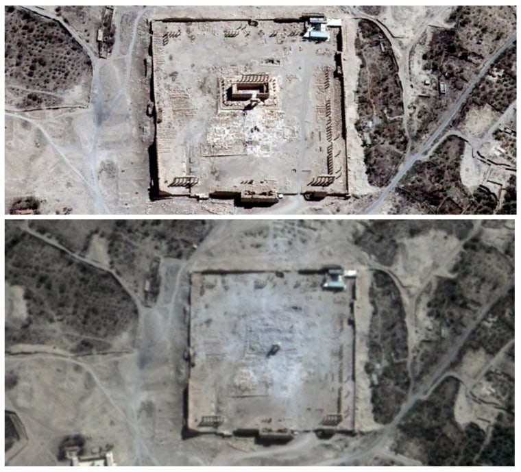 Image: Handout satellite image shows the site of the Temple of Bel before its apparent destruction in Palmyra, Syria