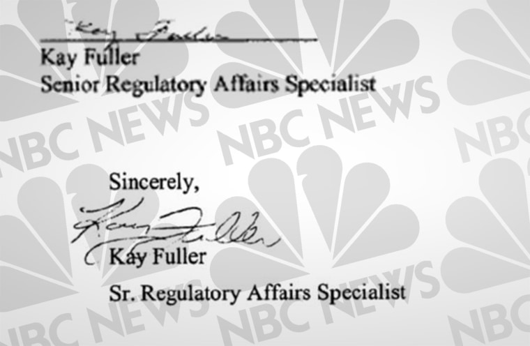 Above, the signature on C.R. Bard’s FDA application, which Kay Fuller says she did not sign. Below, what Fuller says is her actual signature.