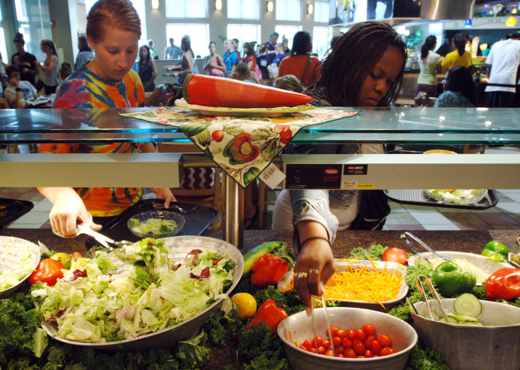 University of Missouri freshmen Carolyn Schemmer, left, and Elyse Cagle fill their plates at the salad bar Friday, Aug. 18, 2006, in the Plaza 900 cafeteria. 