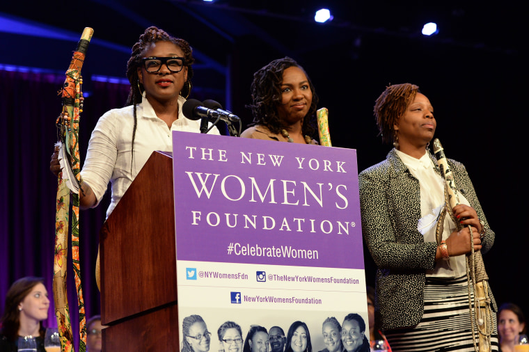 CWB honorees Alicia Garza, Opal Tometi and Patrisse Cullors speak onstage during attends The New York Women's Foundation Celebrating Women Breakfast at Marriott Marquis Hotel on May 14, 2015 in New York City.