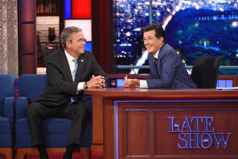 Image: Stephen Colbert (R) and Jeb Bush