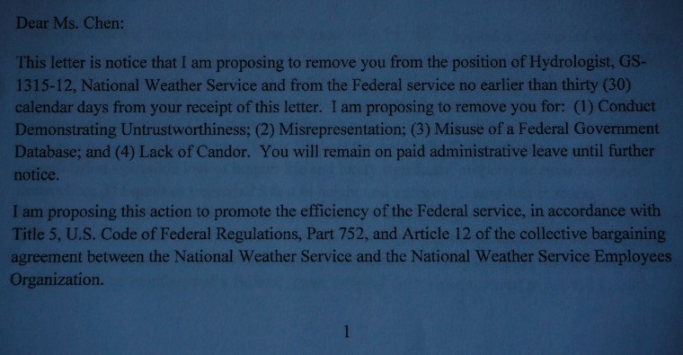 The letter, obtained by NBC News by sources close to the story, gave Chen, whose given name is Xiafen, 30 days notice and allowed her to remain on paid administrative leave for now.