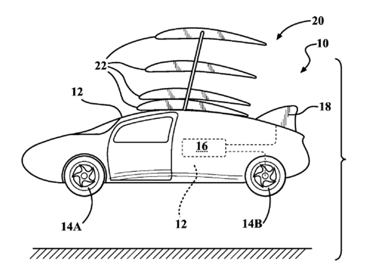 Schematic from U.S. patent application for a stackable wing for an Aerocar filed by Toyota.