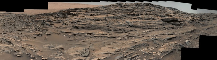 Large-scale crossbedding in the sandstone of this ridge on a lower slope of Mars' Mount Sharp is common in petrified sand dunes.